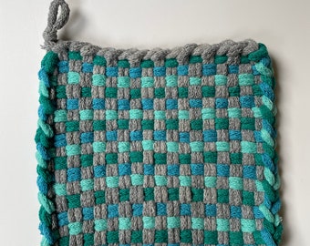 Silver, peacock, turquoise, sea glass potholder