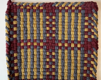 Burgundy, denim, ochre potholder