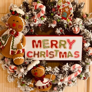 Christmas Gingerbread Wreath for front Door, Christmas Wreath for front door, Whimsical wreath, Christmas Wreath, Flocked Christmas wreath,