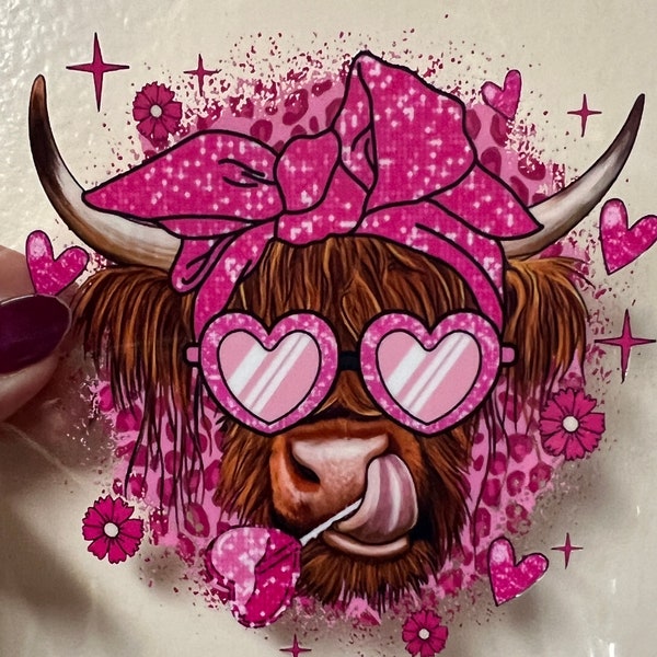 Pink Highland Cow with Hearts 4" Decal