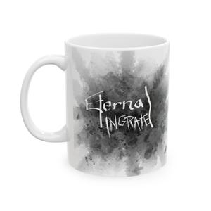May include: White ceramic mug with a black and gray watercolor-style design. The mug features the text "Eternal Ingrate" in a stylized white font. The mug has a curved handle.