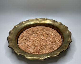 Vintage Solid Brass Coaster - Dish With Cork Inlay Scalloped Edge Mid Century