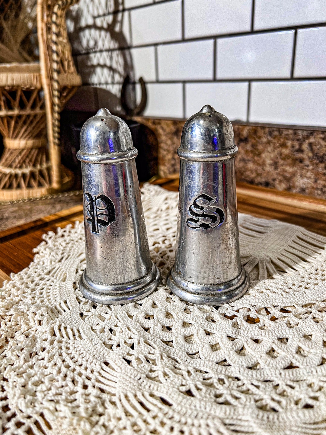 Rare Vintage Pewter Salt and Pepper Shakers Wilton Plough Tavern