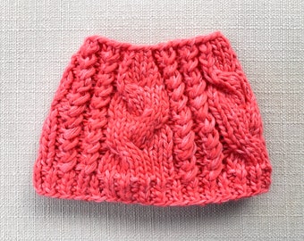 Knitted & Fleece Lined Messy Bun Hat / Pony Tail Hat - Coral