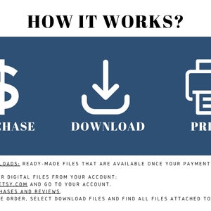 May include: A blue graphic showing the steps to purchase, download, and print digital files. The graphic includes a dollar sign, a download arrow, and a printer icon. The text "INSTANT DOWNLOADS: READY-MADE FILES THAT ARE AVAILABLE ONCE YOUR PAYMENT IS CONFIRMED." is at the bottom of the graphic.