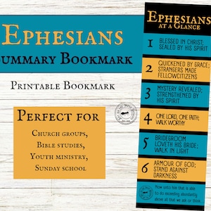 May include: A teal and gold printable bookmark titled "Ephesians Summary Bookmark." The bookmark features key points from Ephesians, including "Blessed in Christ" and "Armour of God." The text is in a clear, readable font.