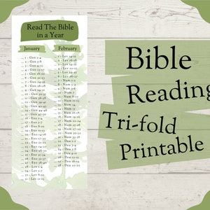 May include: A printable tri-fold bookmark with a green background and the text "Read The Bible in a Year". The bookmark is divided into two sections, "January" and "February", with a list of Bible verses to read each day.