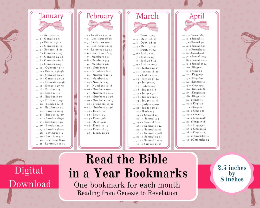 Bible in a Year Bookmark, Pink Bow Christian Scripture Reading Plan ...