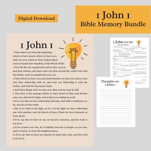 May include: A printable Bible memory bundle for the book of 1 John. The bundle includes a fill-in-the-blank worksheet, a page with the scripture text, and a page for writing thoughts on the scripture.