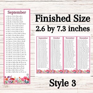 May include: Printable calendar for September, October, November, and December. Each month is on a separate pink card with floral designs and a pink border. The finished size of each card is 2.6 by 7.3 inches. The calendar includes the day of the week, date, and a Bible verse reference for each day.