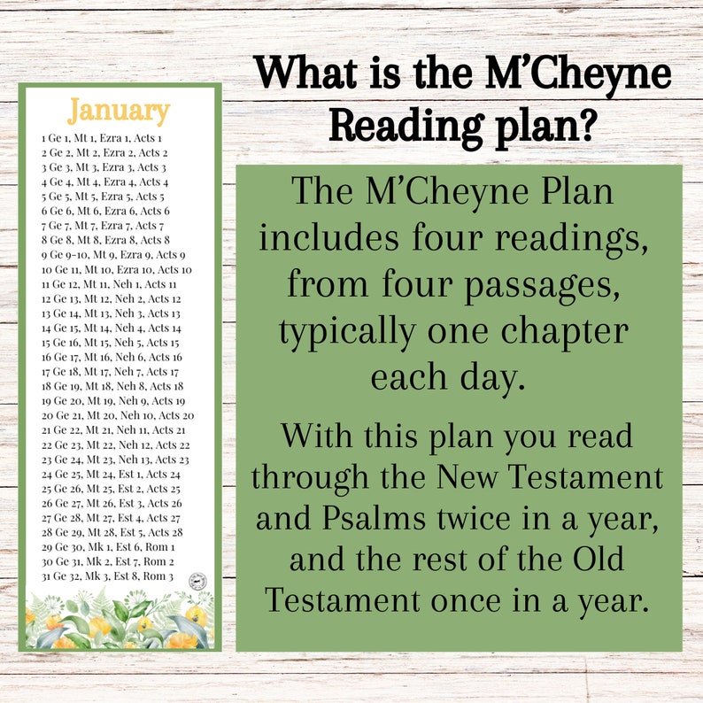 May include: A green and white illustrated guide to the M'Cheyne Bible reading plan. The plan includes four readings from four passages, typically one chapter each day. The plan reads through the New Testament and Psalms twice a year, and the rest of the Old Testament once a year.