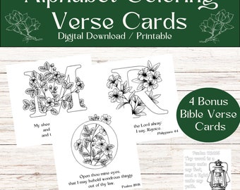 Alphabet Coloring Verse Cards, Adult Coloring, KJV, Scripture Memory