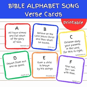 May include: Colorful printable alphabet cards with Bible verses for each letter. The cards are red, blue, green, orange, yellow, and purple. Each card features a letter of the alphabet, a Bible verse, and the book and chapter reference.