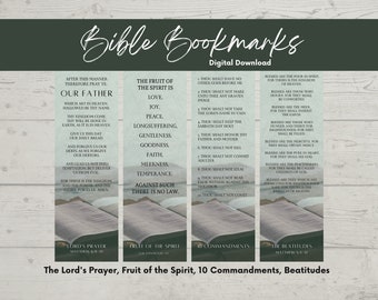 Bible Bookmarks Bundle, 10 Commandments, Beatitudes, Fruit of the Spirit, The Lord's Prayer, Printable Bookmarks, Bookmark Bundle