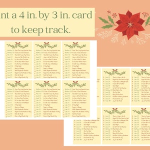 May include: A printable set of 4x3 inch cards with a list of Christmas carols and their corresponding Bible verses. The cards are decorated with a green wreath and red berries. The text on the cards is in black and white.