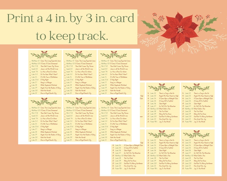 May include: A printable set of 4x3 inch cards with a list of Christmas carols and their corresponding Bible verses. The cards are decorated with a green wreath and red berries. The text on the cards is in black and white.