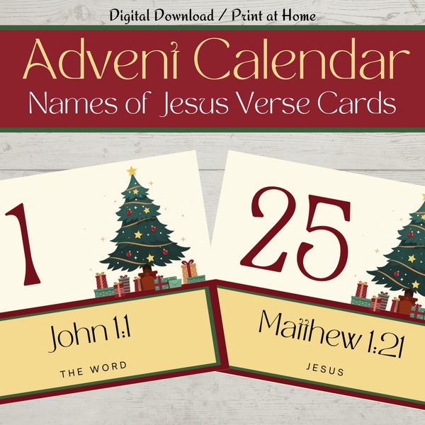 Advent Calendar Names of Jesus Verse Cards, Printable Advent Calendar Cards, Christmas 2023, Scripture Card, Christmas Tree, Advent Reading