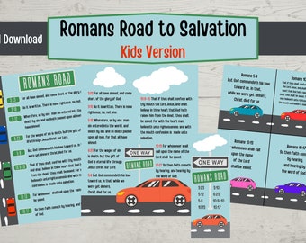 Romans Road to Salvation Kids Version, Romans Road Evangelism Cards, Small Group, Evangelism Sheet, Way of Salvation, Bible Verses, KJV