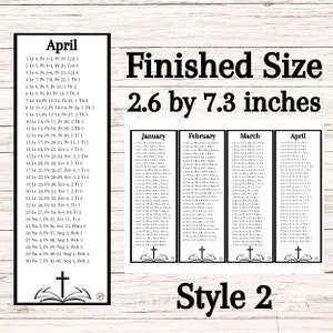 May include: Printable calendar for April with daily scripture readings. The calendar is in black and white and features a cross and open book design. The finished size is 2.6 by 7.3 inches. This is style 2.