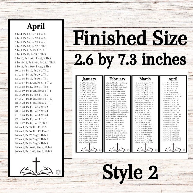 May include: Printable calendar for April with daily scripture readings. The calendar is in black and white and features a cross and open book design. The finished size is 2.6 by 7.3 inches. This is style 2.