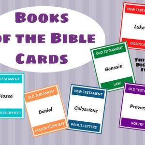 Boeken van de Bijbel Flashcards | Leer de boeken van de Bijbel | Primaire kleuren |  Oude en Nieuwe Testament | Bijbelboeken