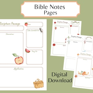 Può includere: Pagine di diario di studio biblico stampabili con un'etichetta di download digitale. Le pagine presentano una varietà di temi, tra cui mele, zucche e fragole. Il testo sulla pagina dice "Passaggio delle Scritture", "Osservazioni", "Sono grato per", "Prega per" e "Applicazione".