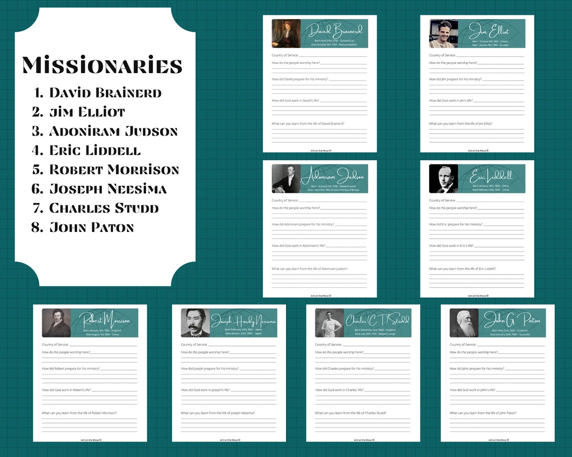 Missionary Worksheets Set 1 Missionary Men Activity Pages David Brainerd Jim Elliot Homeschool ...