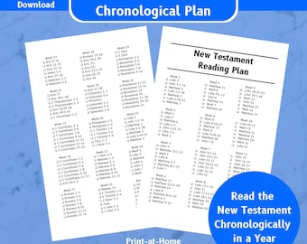 May include: A printable New Testament reading plan that allows you to read the New Testament chronologically in a year. The plan is divided into weeks and includes the book and chapters to read each week. The text includes the words "New Testament Chronological Plan" and "Read the New Testament Chronologically in a Year".
