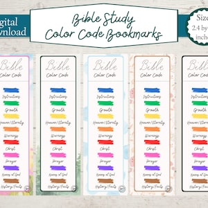 Op de afbeelding: Vijf printbare bladwijzers met een bloemmotief en een kleurgecodeerd systeem voor Bijbelstudie. Elke bladwijzer heeft de woorden "Bible Color Code" en vermeldt categorieën zoals "Instructies", "Groei", "Hemel/Eeuwigheid", "Waarschuwingen", "Christus", "Gebed", "Naam van God" en "Geschiedenis/Feiten" met een bijbehorende kleur.
