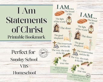 I Am Statements of ChristPrintable Bookmark, Jesus Sayings Bookmark, Inspirational Bookmark, Bible Verse Bookmark