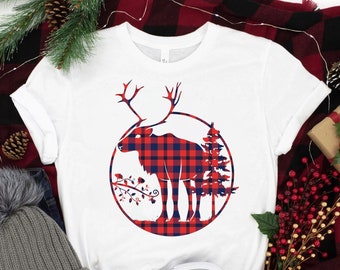 Buffalo Plaid Christmas Shirt, Reindeer Holiday Tee, Matching Family Christmas Shirt, Merry Christmas Tee, Holiday Graphic Shirt