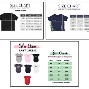 May include: Image featuring size charts for youth t-shirts, toddler t-shirts, and baby onesies. The charts include measurements in inches and centimeters for chest and length, as well as color options for baby onesies.