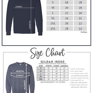 May include: Size charts for Gildan G5400 long sleeve t-shirts and Gildan 18000 unisex heavyblend sweatshirts. The charts display chest and length measurements in inches for various sizes, along with available colors like black, white, navy, and red.