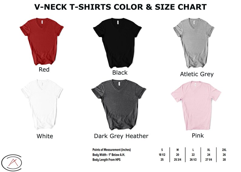 May include: V-neck t-shirt size chart featuring six colour options: red, black, athletic grey, white, dark grey heather, and pink. The chart displays measurements in inches for sizes S, M, L, XL, and 2XL.