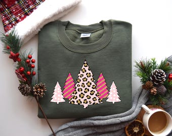 Pink Leopard Christmas Sweatshirt, Christmas Tree Shirt, Trendy Holiday Sweater, Cute Winter Apparel, Leopard Print Christmas Gift