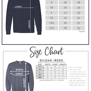 May include: Size chart for Gildan G5400 long sleeve t-shirt and Gildan 18000 unisex heavyweight sweatshirt. The chart shows sizes, chest measurements in inches, and length measurements in inches. The chart also includes details about the fabric composition and construction of the shirts.