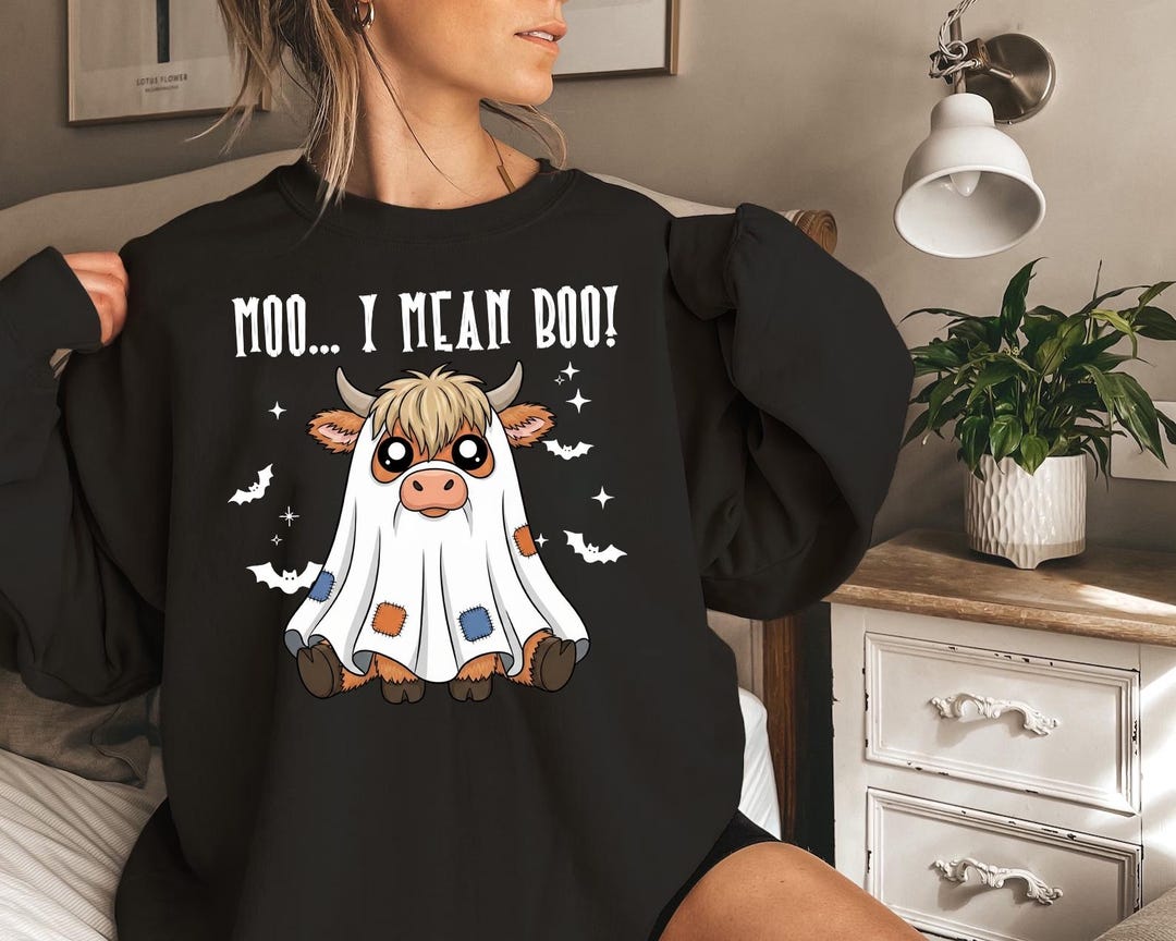 Adorable Cute Moo I Mean Boo Halloween Cow Ghost Sweatshirt for Women ...
