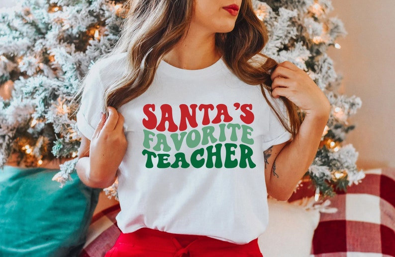 Santa's favorite Teacher shirt, Teacher Christmas shirt, best teacher gift, winter teacher shirt, Christmas shirt, Christmas sweatshirt image 2