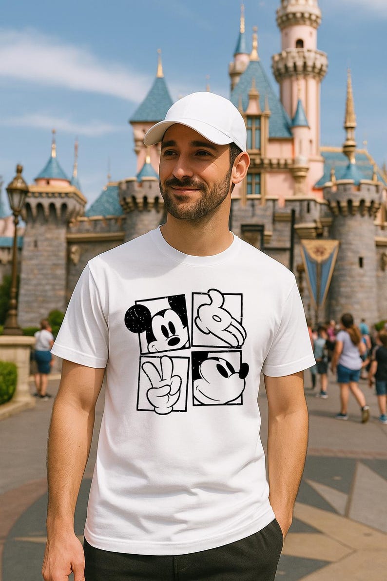 May include: White t-shirt featuring a four-panel design with Mickey Mouse imagery. The panels include Mickey's face, hands, and silhouette. The person in the image is wearing a white baseball cap. The background shows a castle.