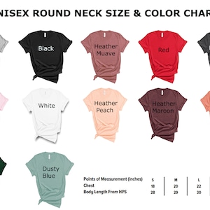 May include: Unisex round neck t-shirt size and colour chart with 12 different colour options. The chart includes measurements in inches for sizes S, M, L, XL, and 2XL.