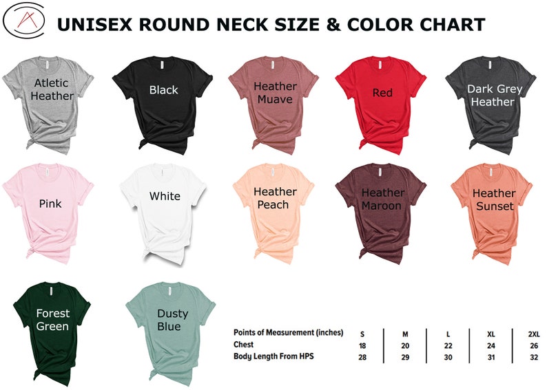 May include: Unisex round neck t-shirt size and colour chart with 12 different colour options. The chart includes measurements in inches for sizes S, M, L, XL, and 2XL.