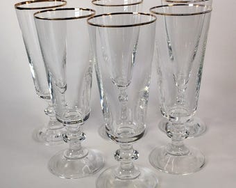 Six Fostoria Sheffield 6.5"Tall Footed Iced Tea Water Glasses Gold Trim MCM