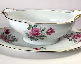 Noritake Linda Porcelain Gold & Pink Flowers Gravy Boat W/ Attached Underplate