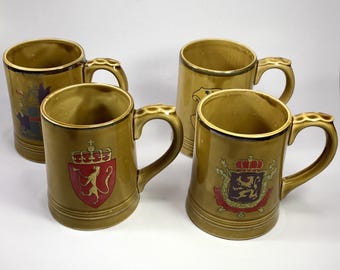 Set Of Four NASCO Japan Denmark Heraldic Pattern Ceramic Beer Stein Tankard Style Heraldic Mugs