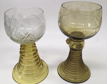 Schott Zwiesel Vintage Etched Glass Amber Beehive  Stems 2 Goblet Wine Glasses