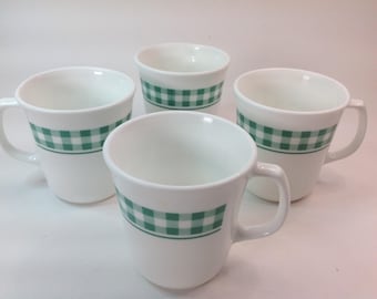 Set Of 4 Corelle Corning Ware Gingham Green Plaid Tea Coffee Mugs Cups 8oz