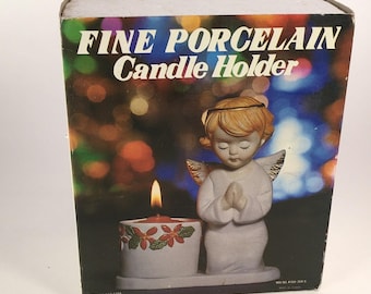 New Porcelain Bisque Christmas Holly Praying Angel Candle Holder With Candle Holiday Christmas Decor