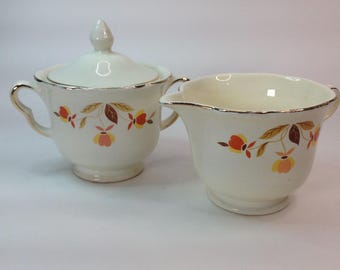 Vintage Hall China Autumn Leaf Jewel Tea Covered Sugar Bowl W/Lid / Creamer Gold