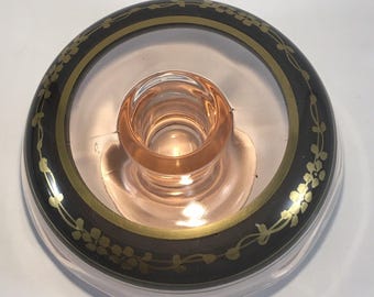 Beautiful Pink Depression Glass Rolled Edge Console Candlestick Holder Black / Gold Trim