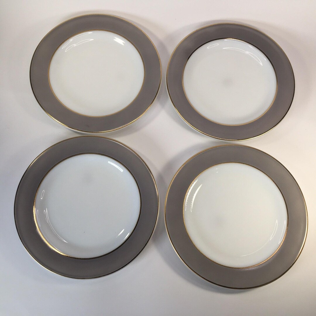 Grey Pyrex Set of Four Vintage Pyrex Milk Glass Salad Plates: Dove Gray & Gold ...
